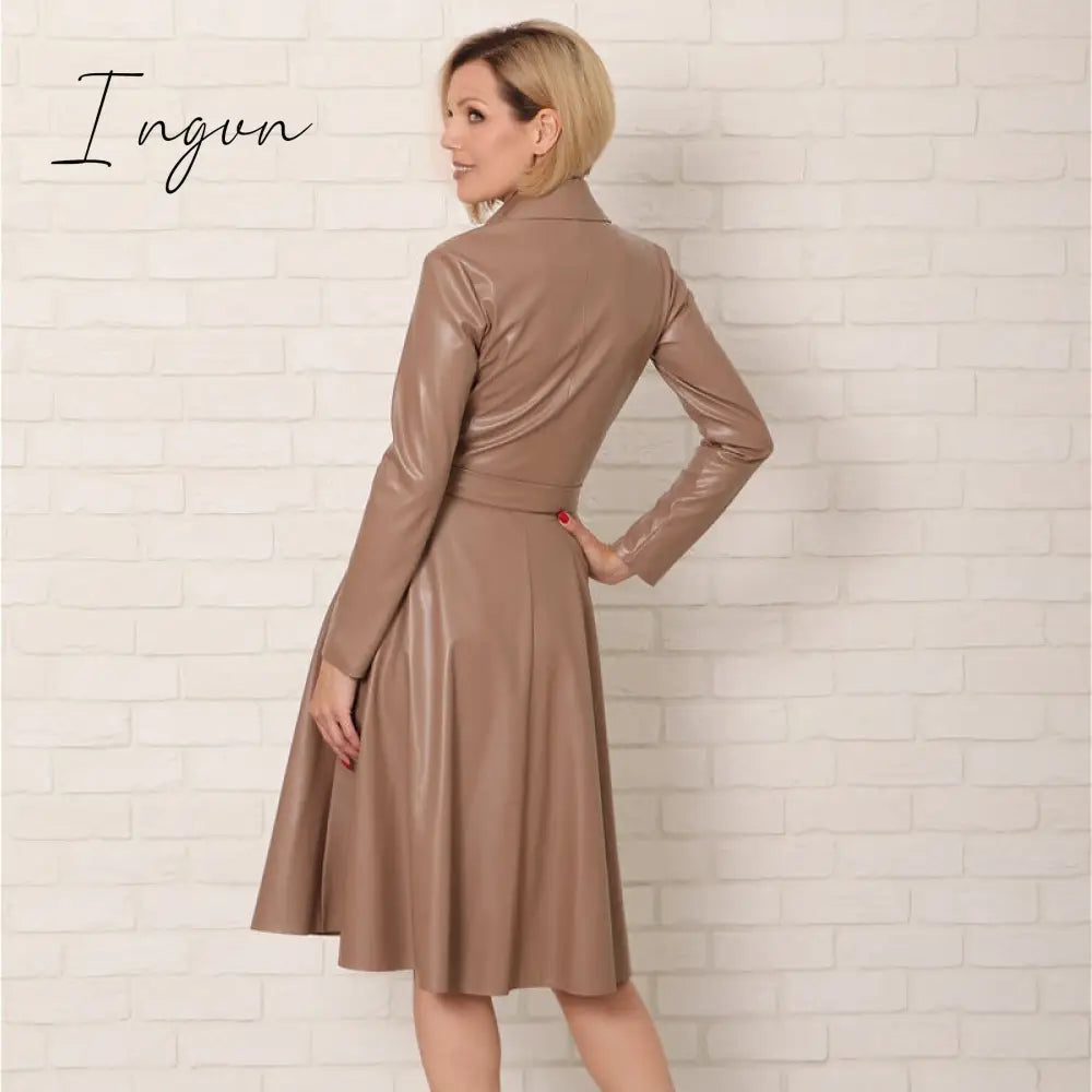 Ingvn - Winter Casual Sashes Pu Leather A-Line Dresses Women Turn-down Collar Long Sleeve Solid Color Knee Dress Office Lady Wear