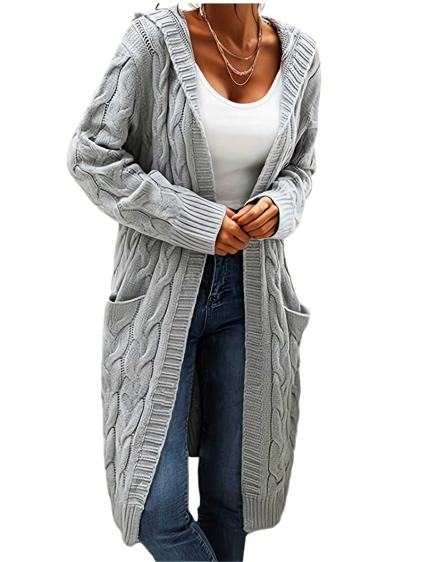 Plus Size Casual Cardigan, Women's Plus Solid Cable Long Sleeve Open Front Hooded Cardigan With Pockets