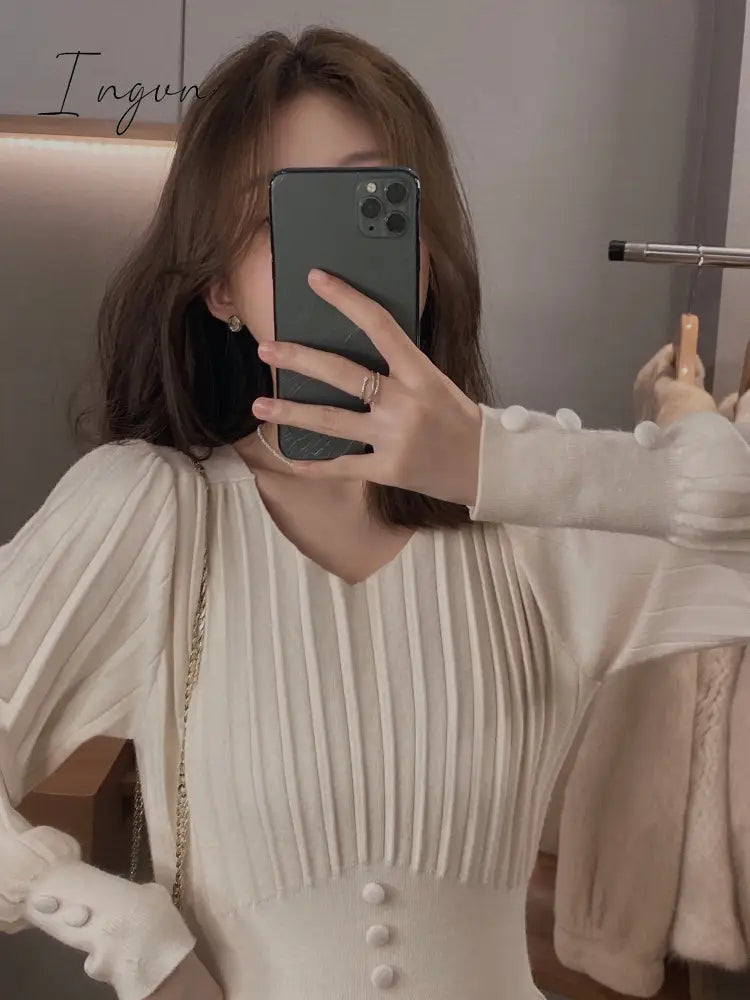 Ingvn - Knitted Dress Women Casual Long Sleeve Vintage Elegant Office Sweater Dress Female Spring One-piece Dress Korean Outerwear