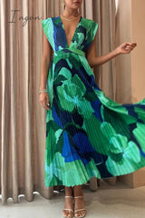 Ingvn - Casual Vacation Print Fold V Neck Sleeveless Dress Dresses