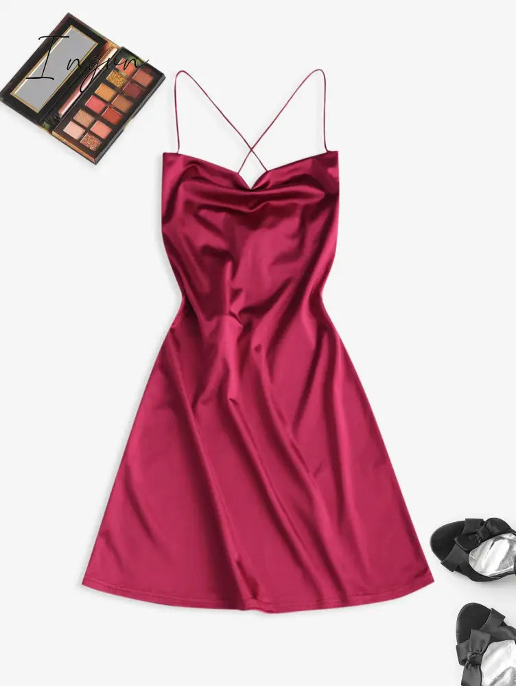 Ingvn - Women's Sexy Satin Dress Spaghetti Strap Slips Nightwear Side Slit Cocktail Party Silk Mini Dresses