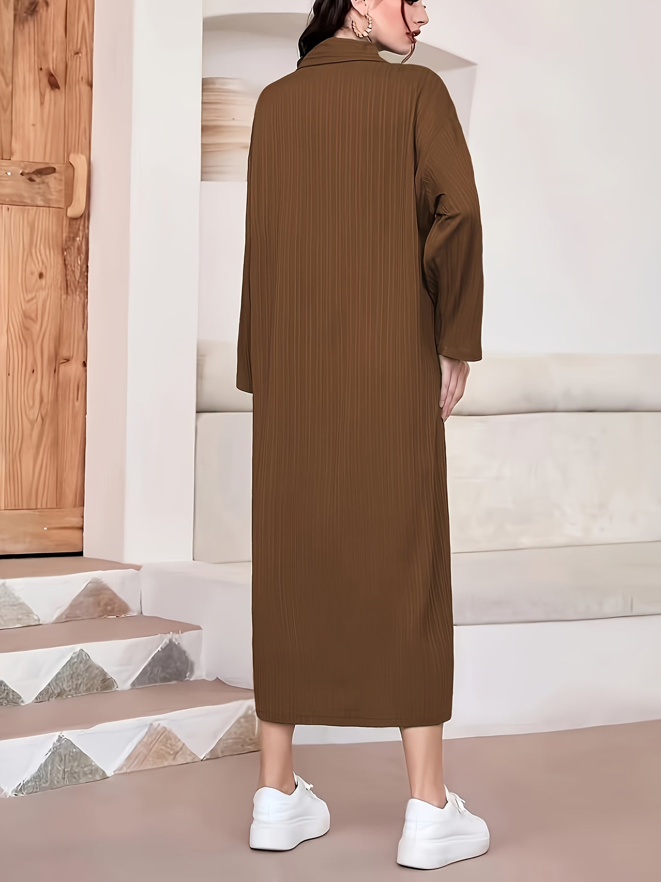 Elegant Women's Solid Textured Half Button Collared Midi Dress with Adjustable Long Sleeves for Spring & Fall
