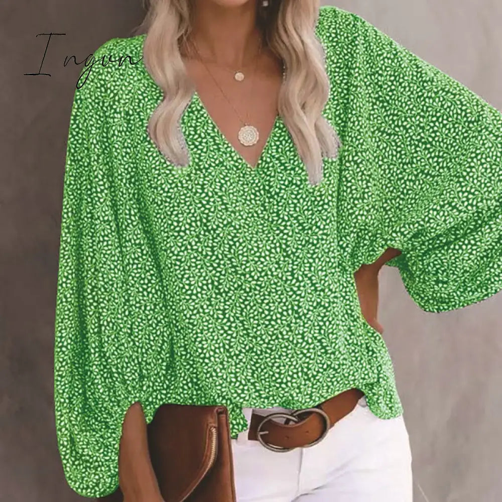 Ingvn - Summer Outfits Female Streetwear Oversized XXXL Tops Blusa Summer V Neck Long Lantern Sleeve Blouse Casual Women Printing Loose Elegant Shirts