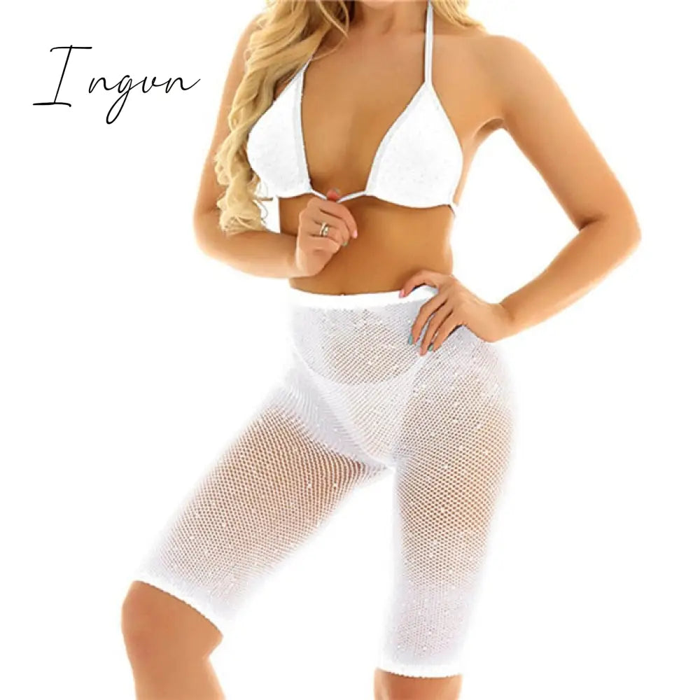 Ingvn - Trends Fishnet Grid See Through Neon Outfits Bandage Low Cut Sexy Backless Crop Top High Waist Skinny Shorts Women Party 2 Piece Sets