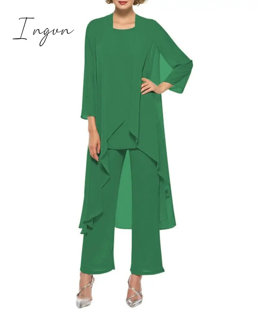 Ingvn - Mother of the Bride Dresses Plus Size Dress Blazer Champagne Chiffon Pantsuit 3 Pieces Wedding Party Guest Gown Dress