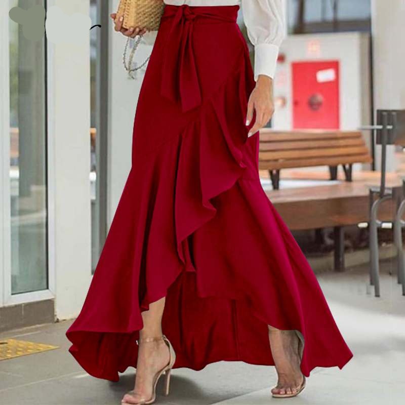 Long Skirt Fashion Women Fishtail Maxi Skirts High Waist Belted Party Jupe Sexy Casual Loose Holiday Ruffles Skirts