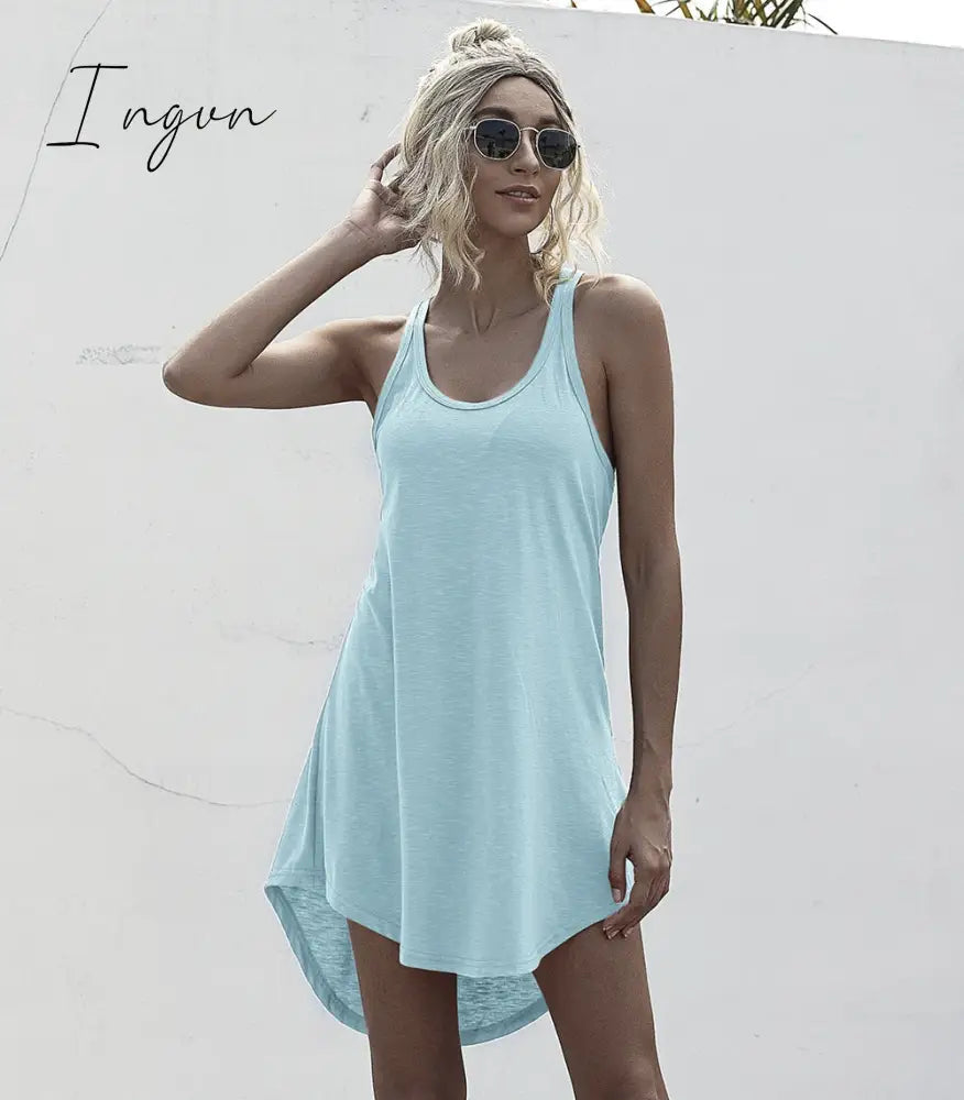 Ingvn - Solid Casual O-neck Sleeveless Tank Dress Women Loose Off Shoulder Asymmetrical Cotton Mini Dress