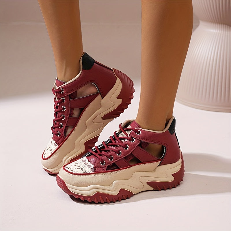 Fashionable Womens Platform Sneakers - Breathable Hollow Out Design - Lightweight Summer Shoes for Stylish Outdoor Adventures - Versatile Lace-Up High Tops for All-Day Comfort