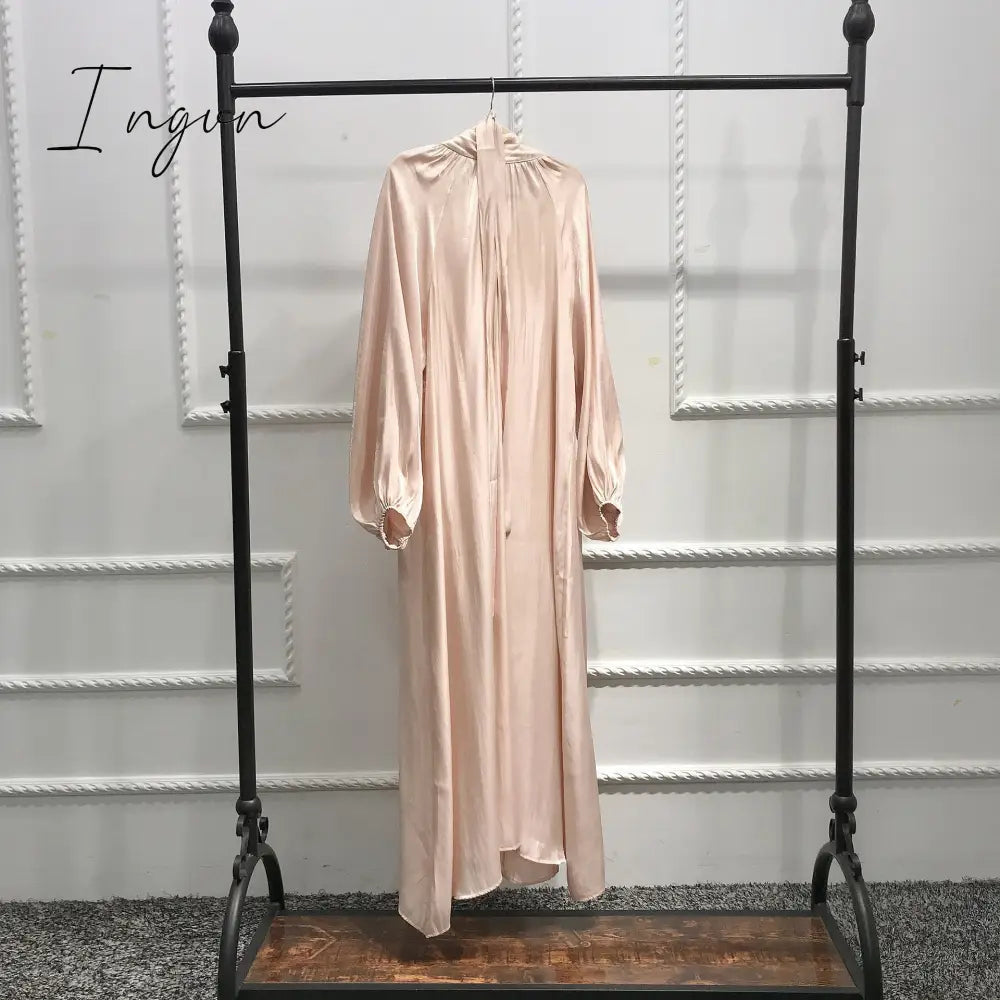 Ingvn - New Morocco Long Dress Muslim Women Flowers Printed Silky Long Abayas Robes Fancy Maxi Dress French Stylish Islamic Dress Belt