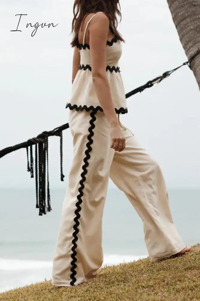 Ingvn - Casual Ripple Draw String Backless Contrast Sleeveless Two Pieces