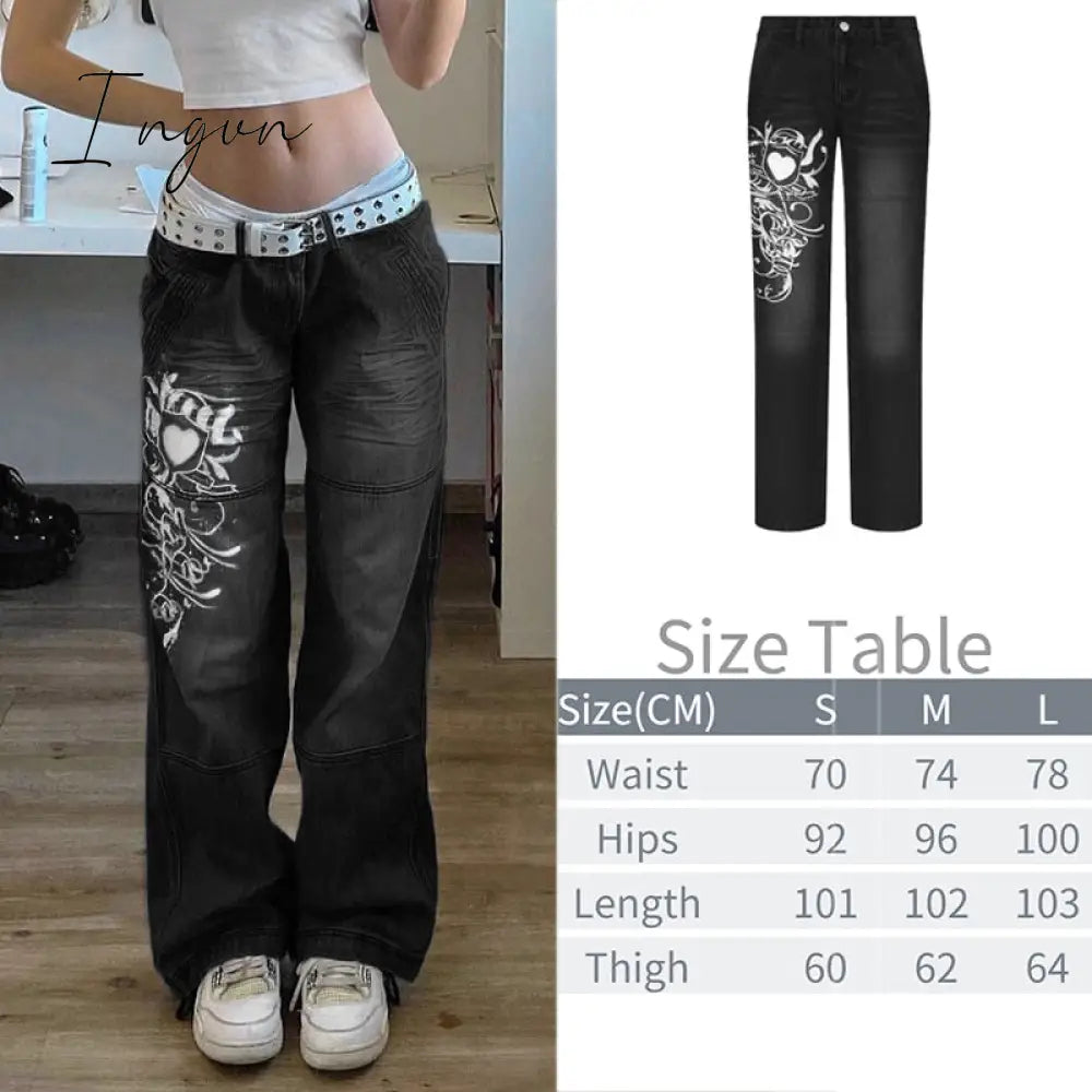 Ingvn - New Printed Baggy Y2K Jeans Women's Low Waist jeans Autumn Winter Oversize Wide Leg Baggy Pants Casual Cargo Trousers