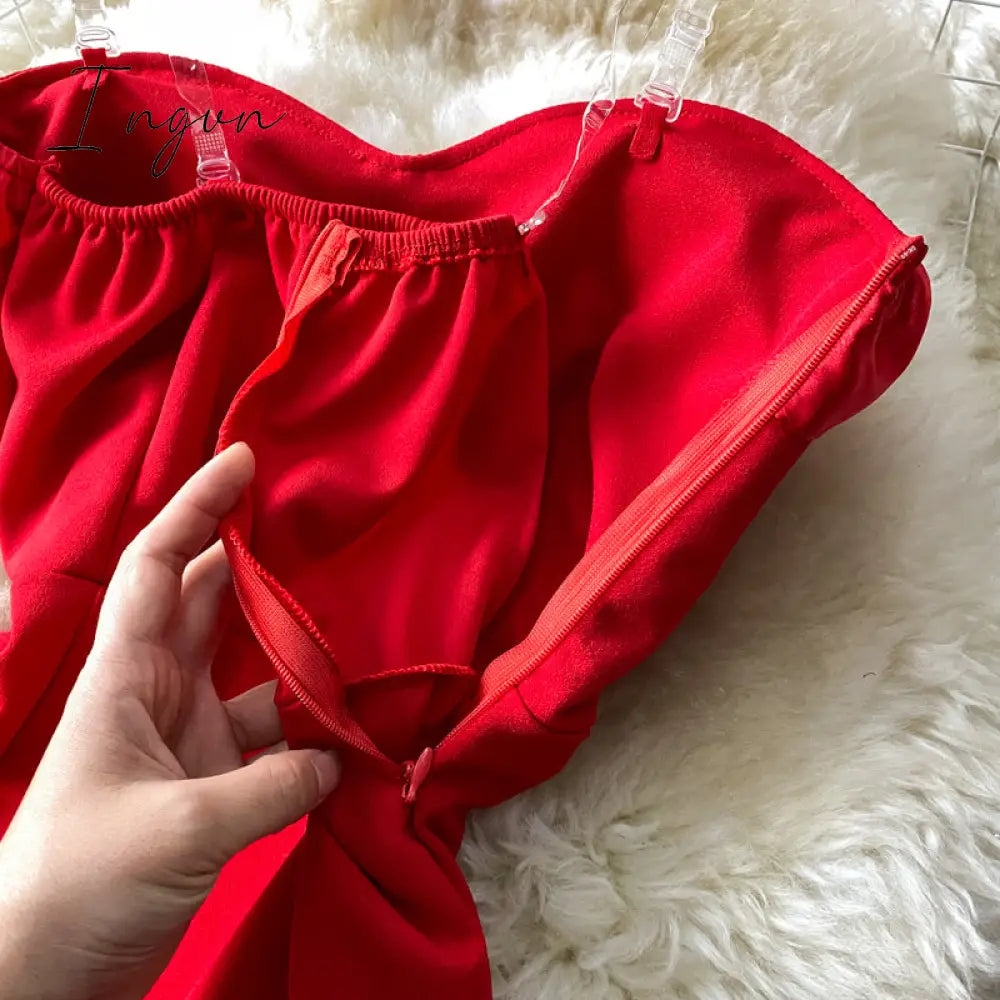 Ingvn - Trends high quality Women Spaghetti Strap Sexy Dress Strapless Bodycon Slim Red Dinner Party Dresses Mesh Patchwork Female Summer Long Dress