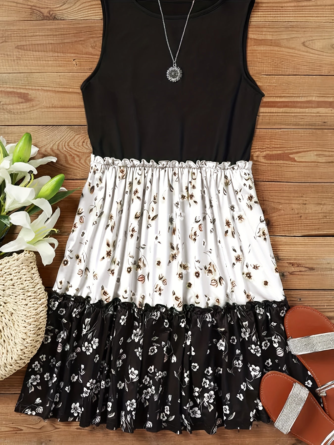 Boho Chic Floral Print Tank Dress - Color Block Crew Neck - Flowy Sleeveless for Summer - Fashionable Womens Clothing