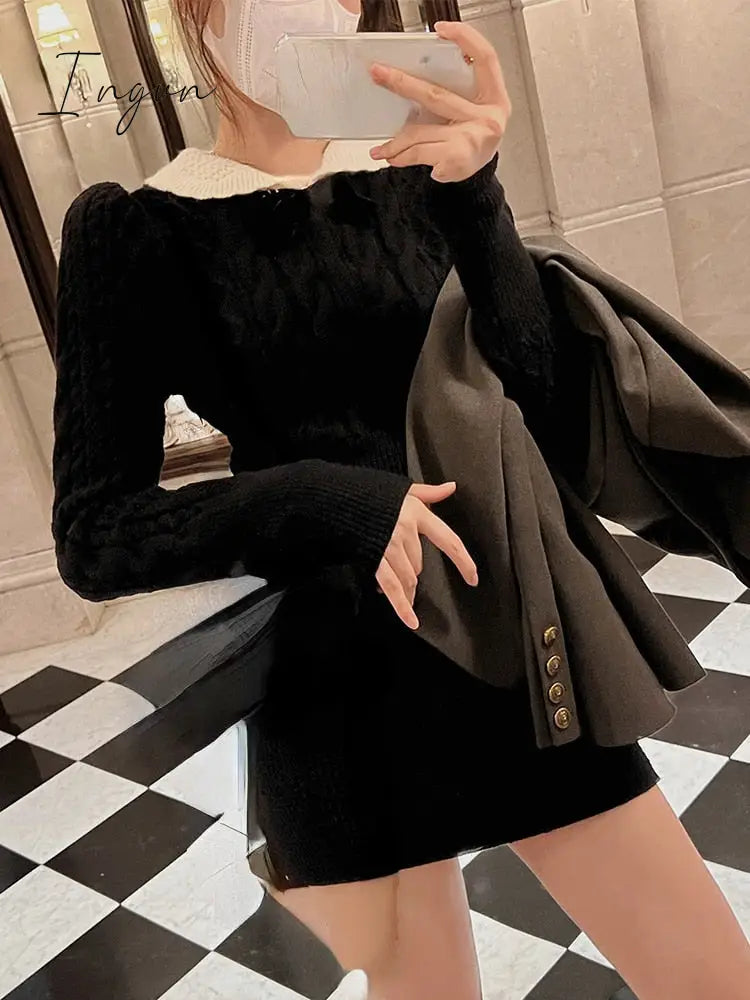 Ingvn - Autumn Korean Suit Sexy Bodycon Mini Skirt + Long Sleeve Solid Short Sweater Woman Knitted 2 Piece Dress Set Retro Casual