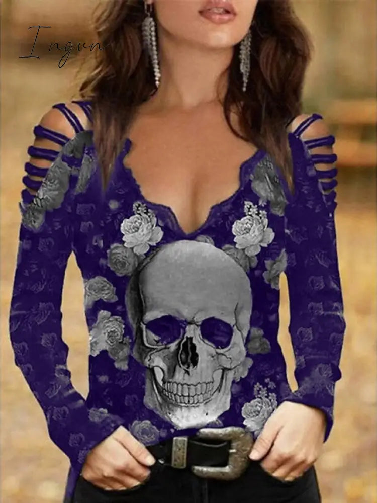 Ingvn - Women's Going Out Tops Burgundy Tee Blouse Halloween Shirt Black Wine Blue Floral Skull Cut Out Print Long Sleeve Halloween Casual Weekend Basic Off Shoulder V Neck Regular Fit Floral Painting Cold