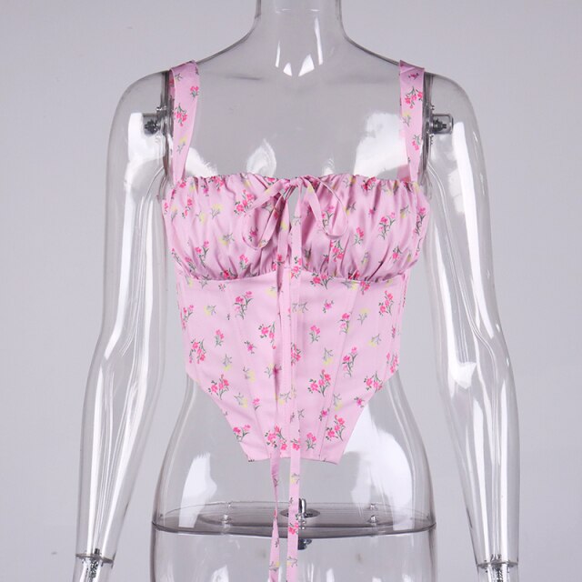 Black Floral Corset Women Summer Sexy Backless Boned Lace Up Crop Top Party Casual Wear Prairie Chic Print Tops  New