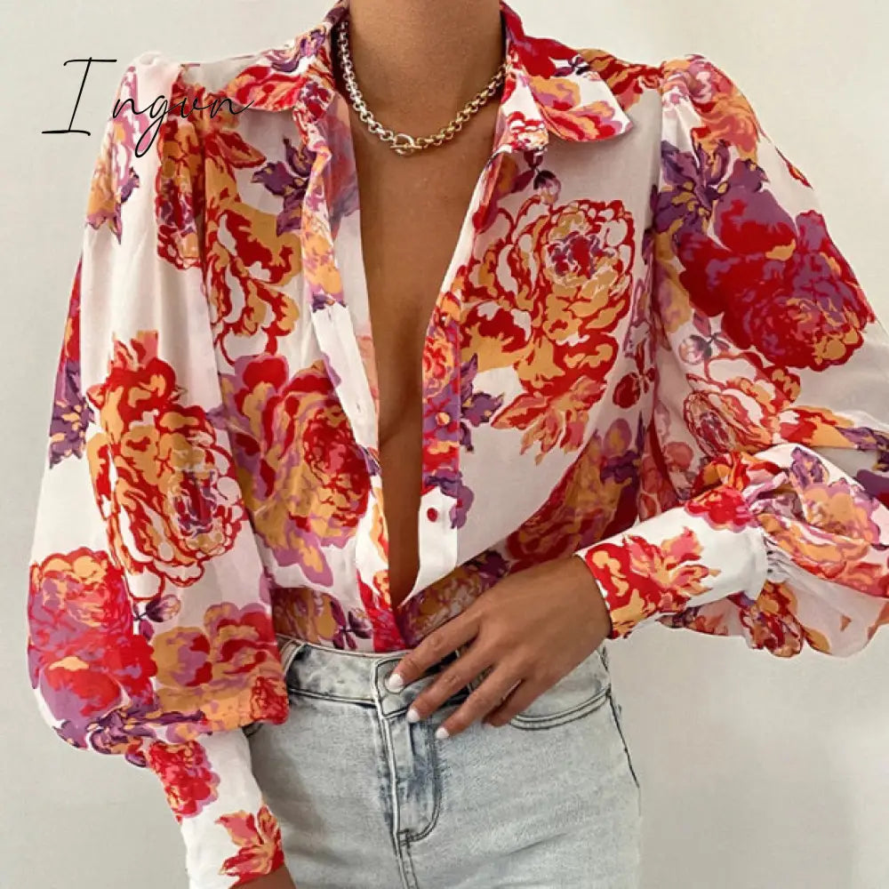 Ingvn - Spring Fashion Women Shirt Lantern Long Sleeves Casual Solid Color Printed Slim Buttons V Neck Blouse Commute High Street Shirts