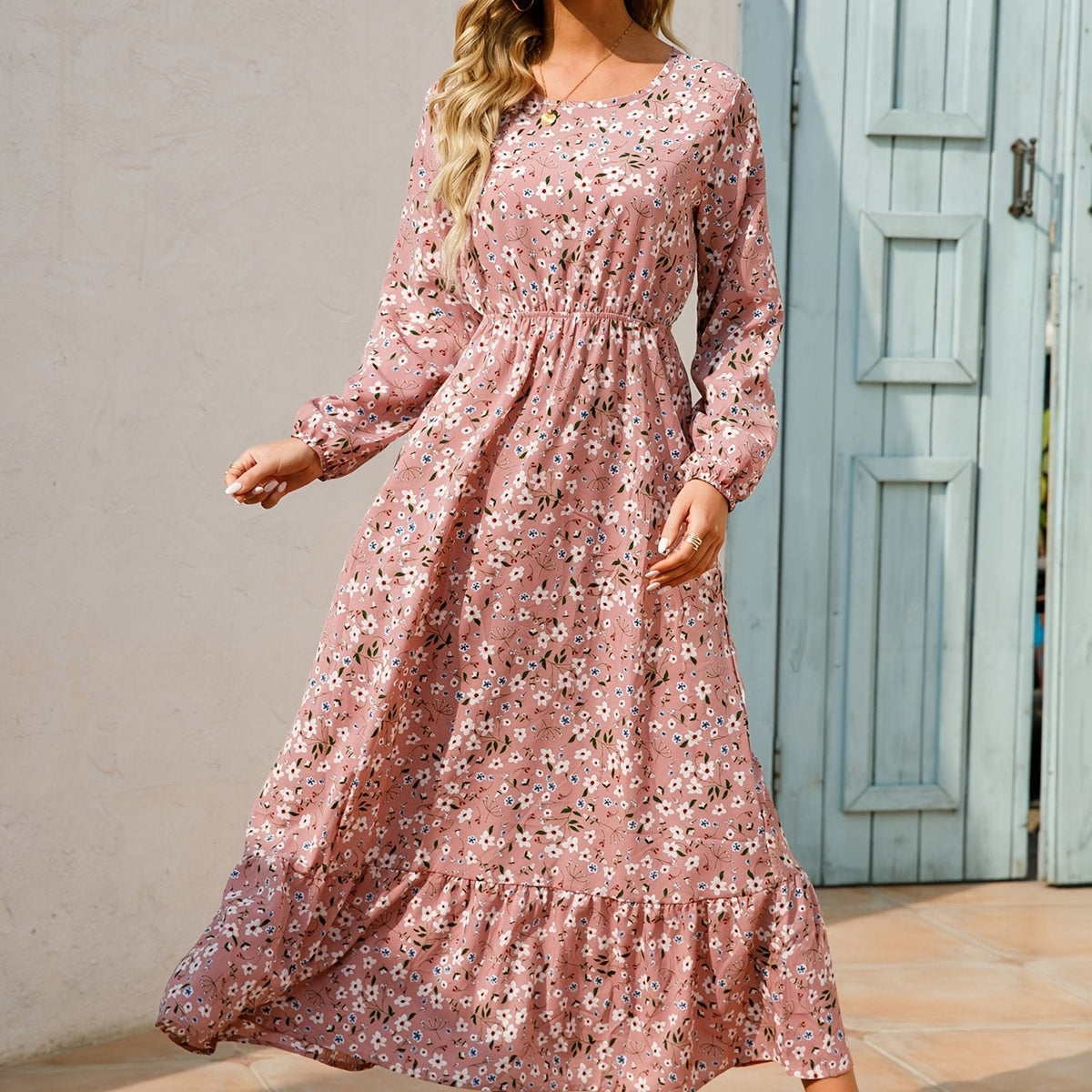 Vibrant Floral Print Long Sleeve Crew Neck Ruffle Dress - Flowy, Bohemian Chic, Casual, Comfortable, Women's Long Dresses for Daily Wear - Perfect for Spring, Summer, and Autumn Seasons