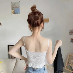 Summer Lace Bow Camisole for Women Pleated Crop Tops Vintage Clothes Harajuku Solid Sexy Ladies Sweet Elegant Camisole