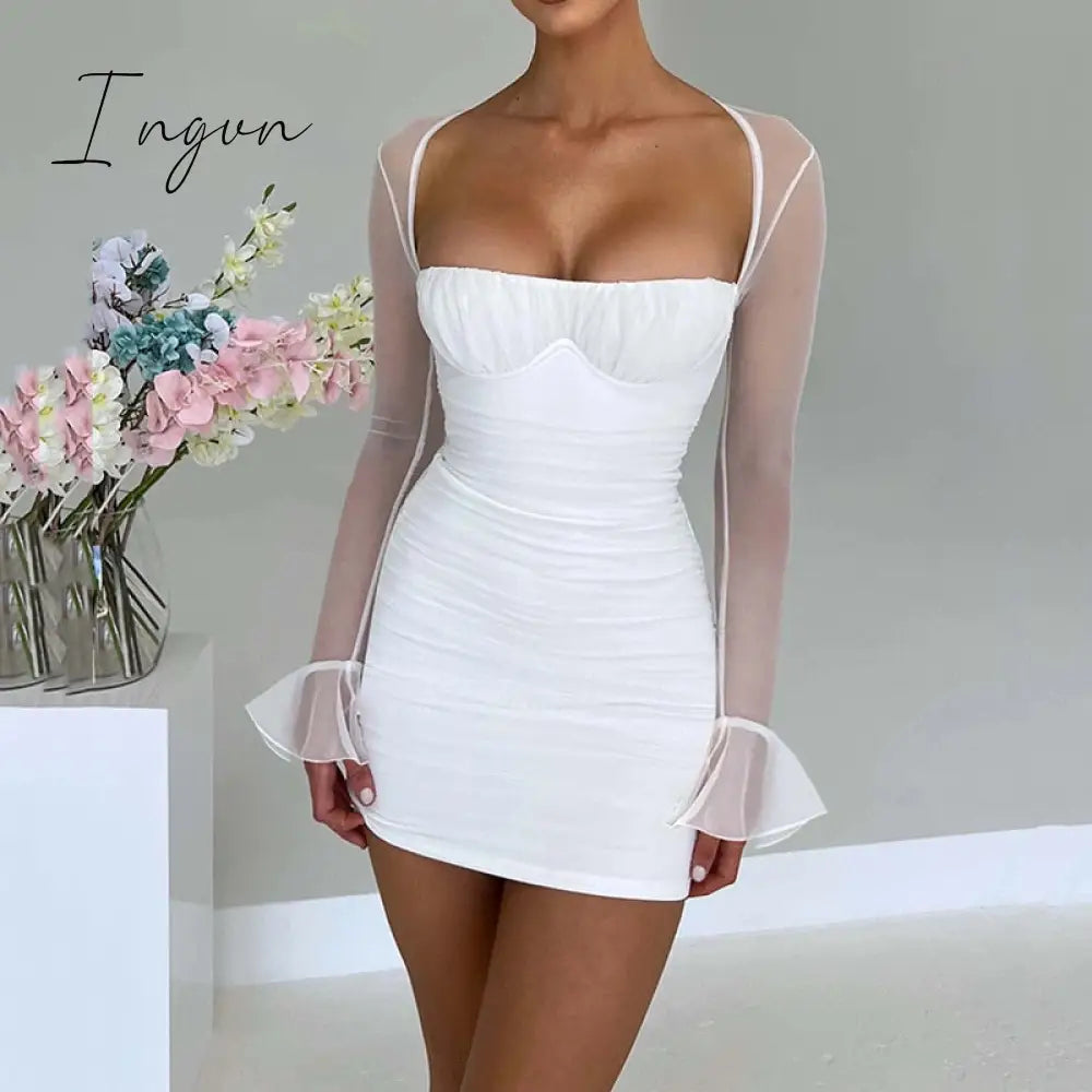 Ingvn - European And American Sexy Tight-Fitting Dress Autumn And Winter New Fashion Perspective Long-Sleeved Open Backpack Hip Skirt
