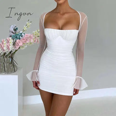 Ingvn - European And American Sexy Tight-Fitting Dress Autumn And Winter New Fashion Perspective Long-Sleeved Open Backpack Hip Skirt