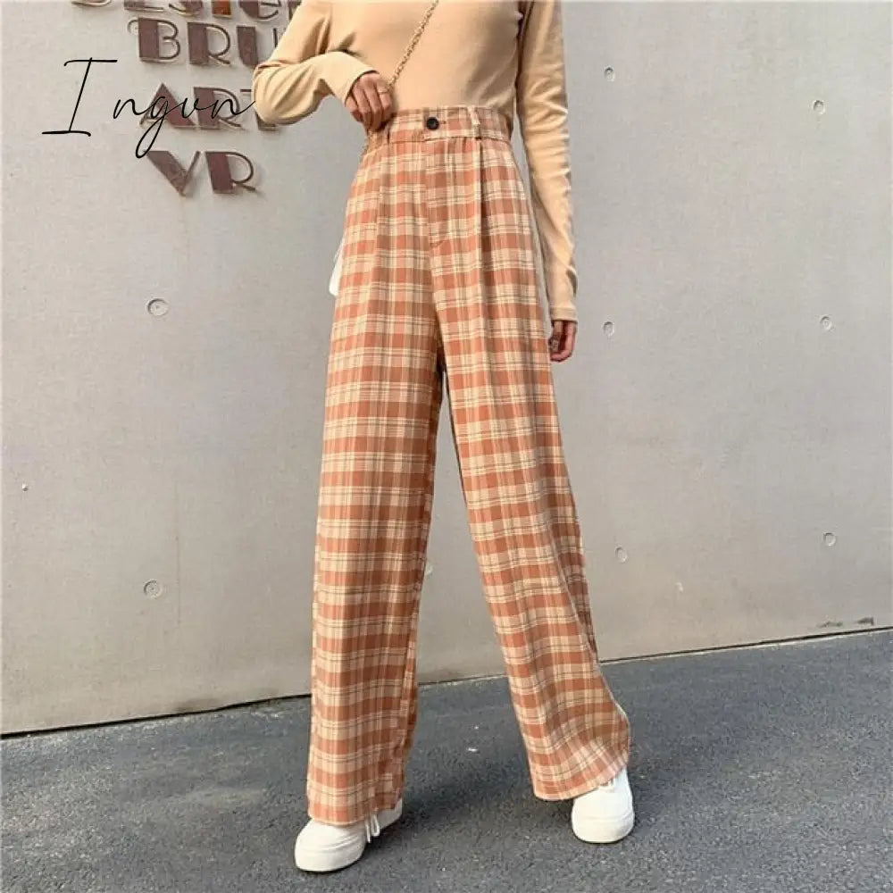 Ingvn - Simple Vintage Plaid Causal Long Women Pants Street Fashion Straight Wide Leg Pant