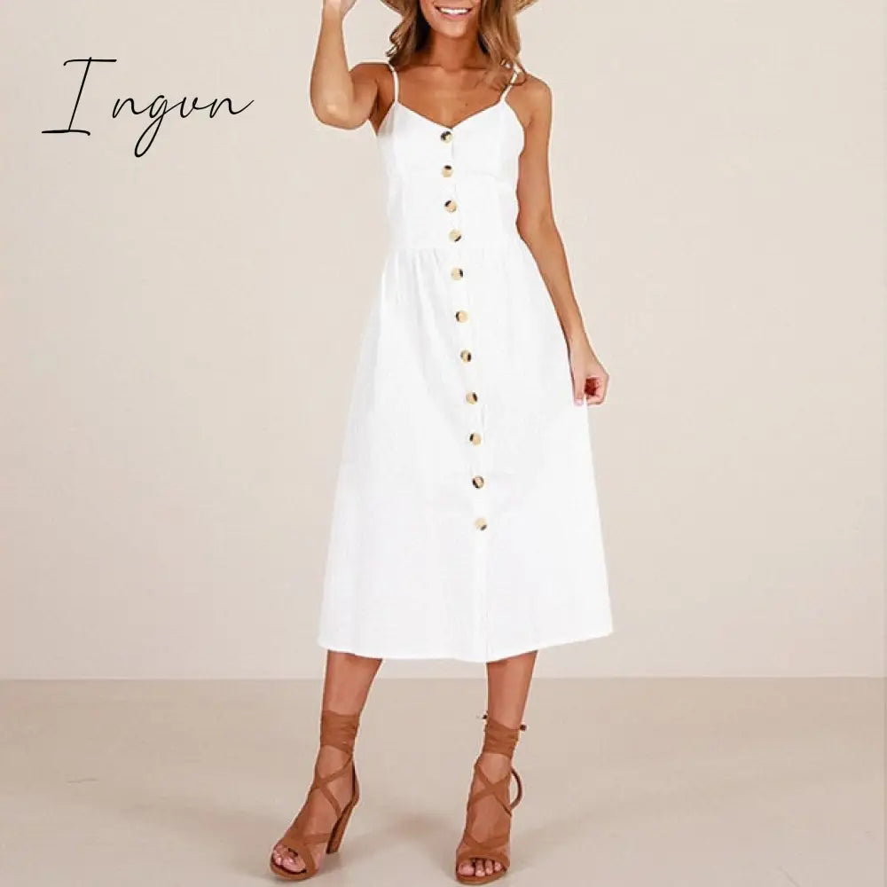 Ingvn - Vintage Casual Sundress Female Beach Dress Midi Button Backless Polka Dot Striped Women Dress Summer Boho Sexy Floral Dress