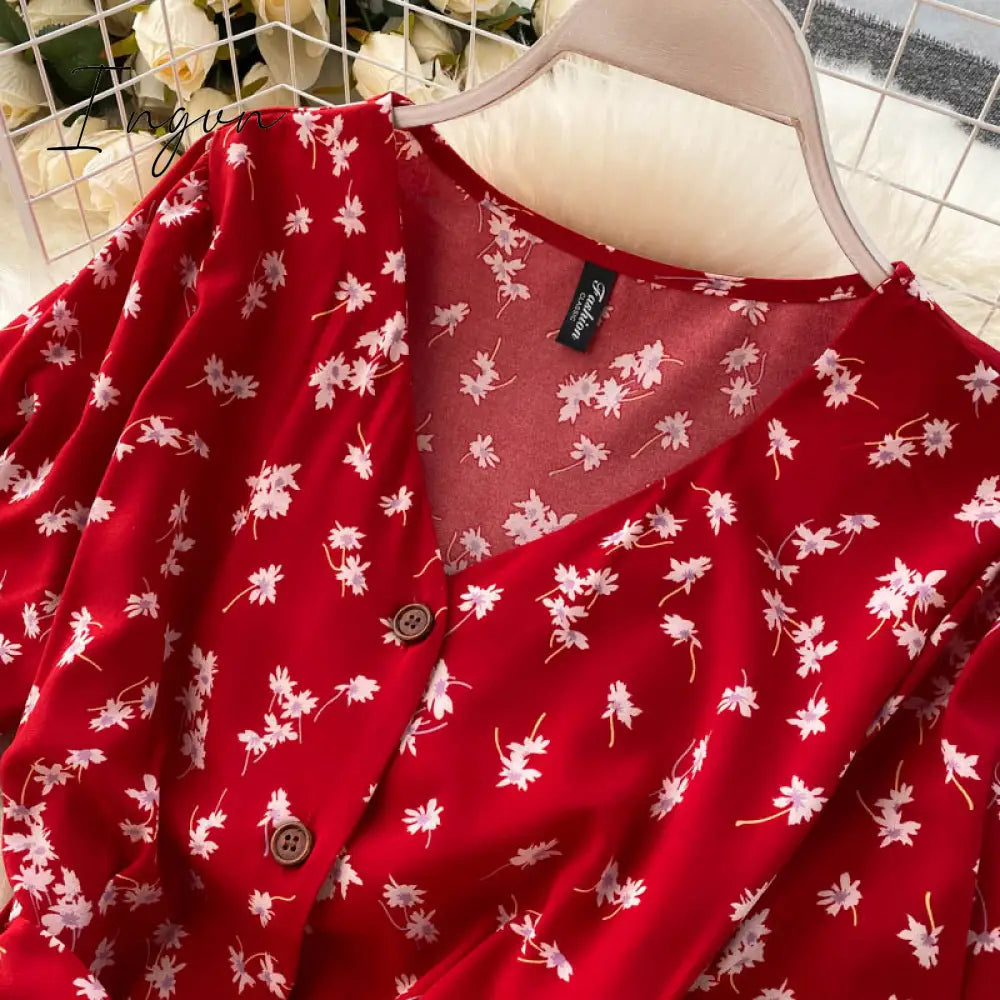 Ingvn - beach Red elegant sexy Dress women Summer Autumn V-neck polka dot midi dress waist split dress vestidos de fiesta clothes
