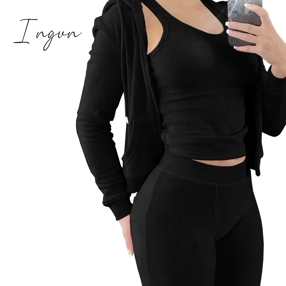 Ingvn - Double Face Fleece Three Piece Set Woman Long Sleeve Vest Hooded Drawstring Sweatpants Winter Sports Jogger Outfits