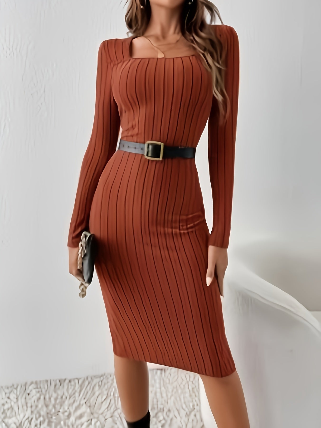 Elegant Long Sleeve Knit Dress for Women - Solid Color, Square Neck, Fitted Polyester Midi Skirt Dress, No Bra Pad, Autumn Collection