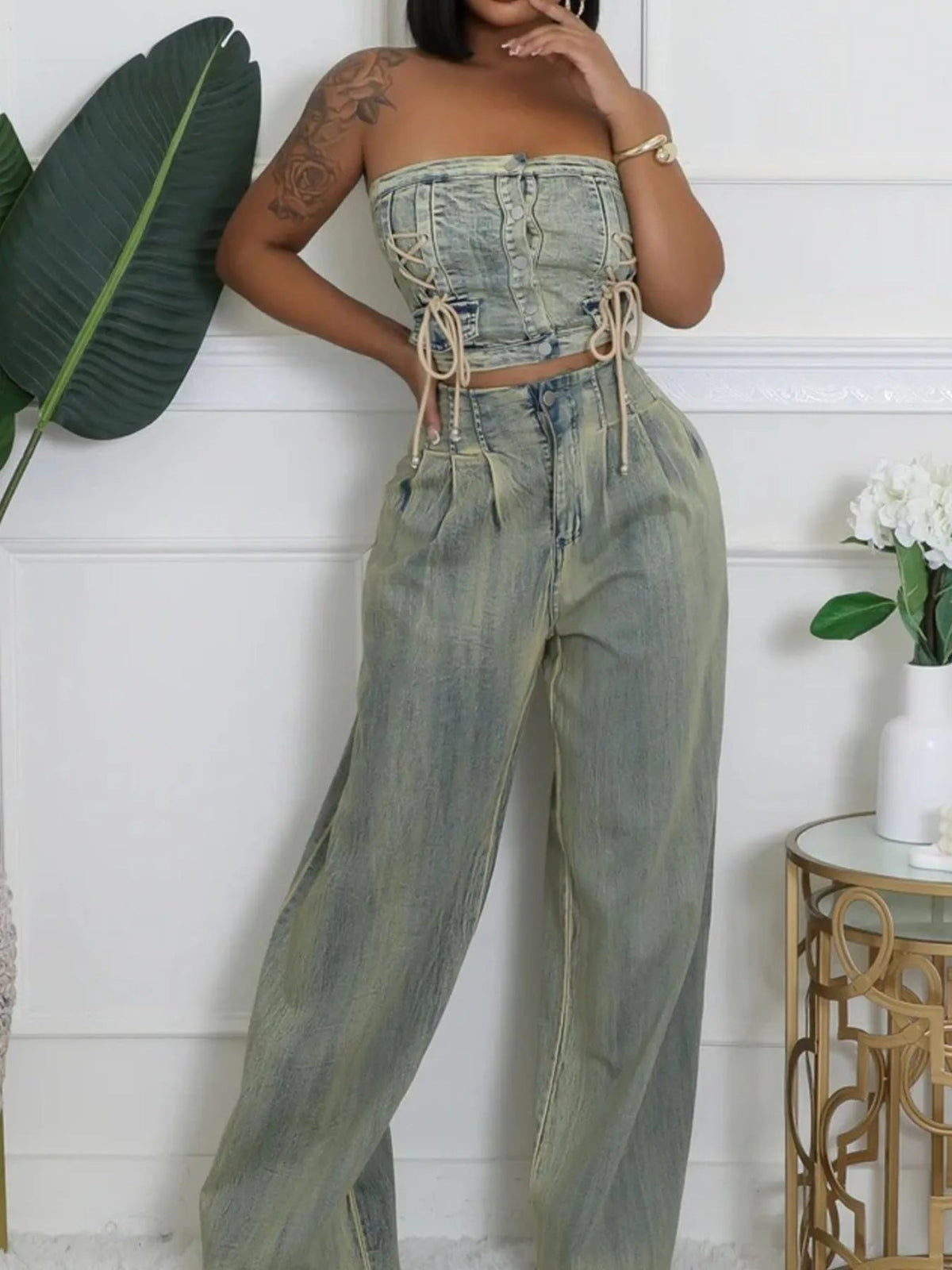 Smocked Tube Top and Jeans Denim Set