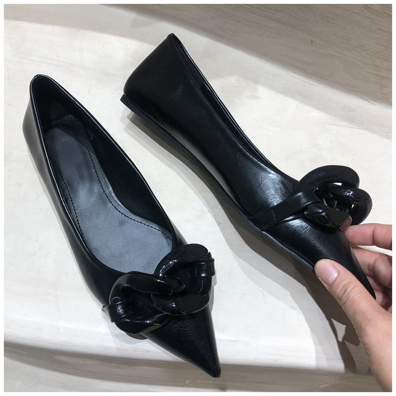 INGVN   Brand Design Chain Buckle Flat Shoes Women Flat Heel Ballet Pointed Toe Slip On Female Ballerina Casual Loafers