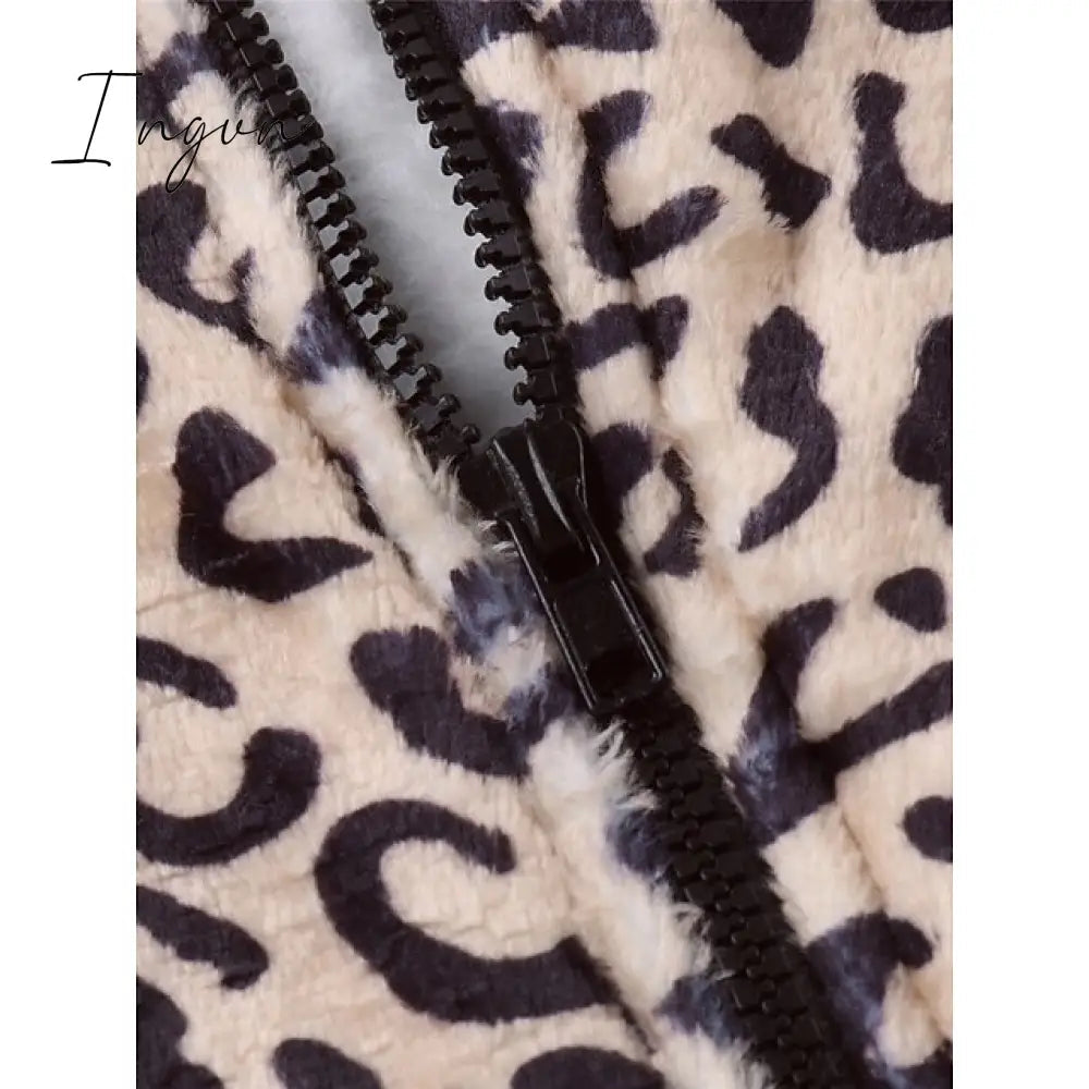 Ingvn - Women's Pajamas Jumpsuit Leopard Star Warm Comfort Plush Home Christmas Flannel Warm Breathable Hoodie Long Sleeve Pocket Fall Winter Leopard Print Moon blue