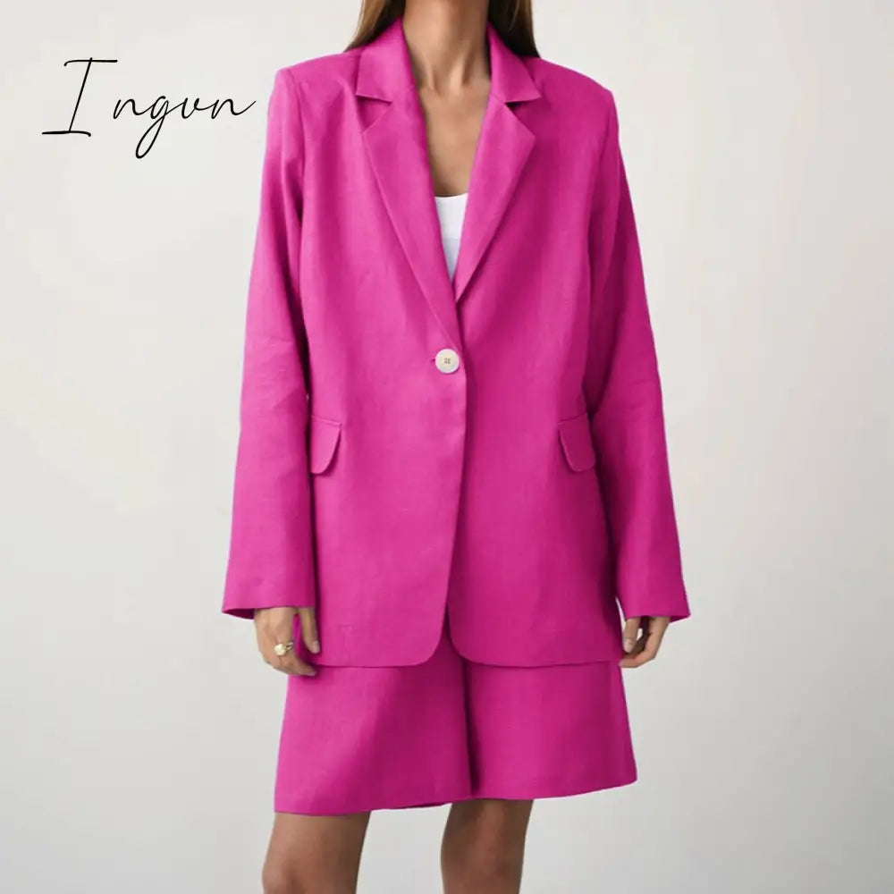 Ingvn - Fashion Trends Office Cotton Linen Outfit Spring Autumn Notched Loose Long Sleeve Blazer Fashion Lady Women Suits High Waist Shorts Sets