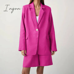 Ingvn - Fashion Trends Office Cotton Linen Outfit Spring Autumn Notched Loose Long Sleeve Blazer Fashion Lady Women Suits High Waist Shorts Sets