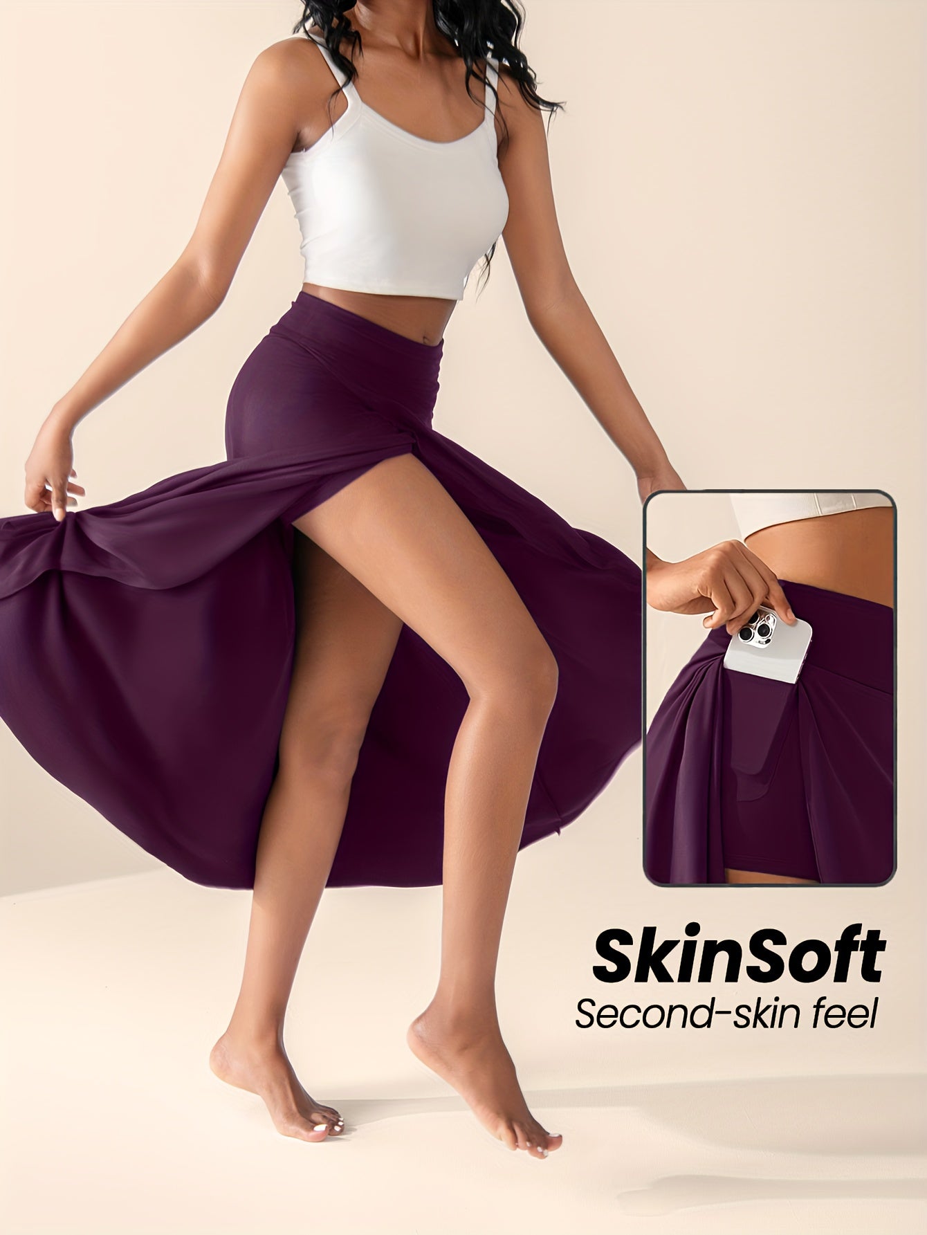 Women's High-Waisted Split Skort with Pockets, Solid Color Casual Sports Skirt, Breathable & Flexible for Active Wear