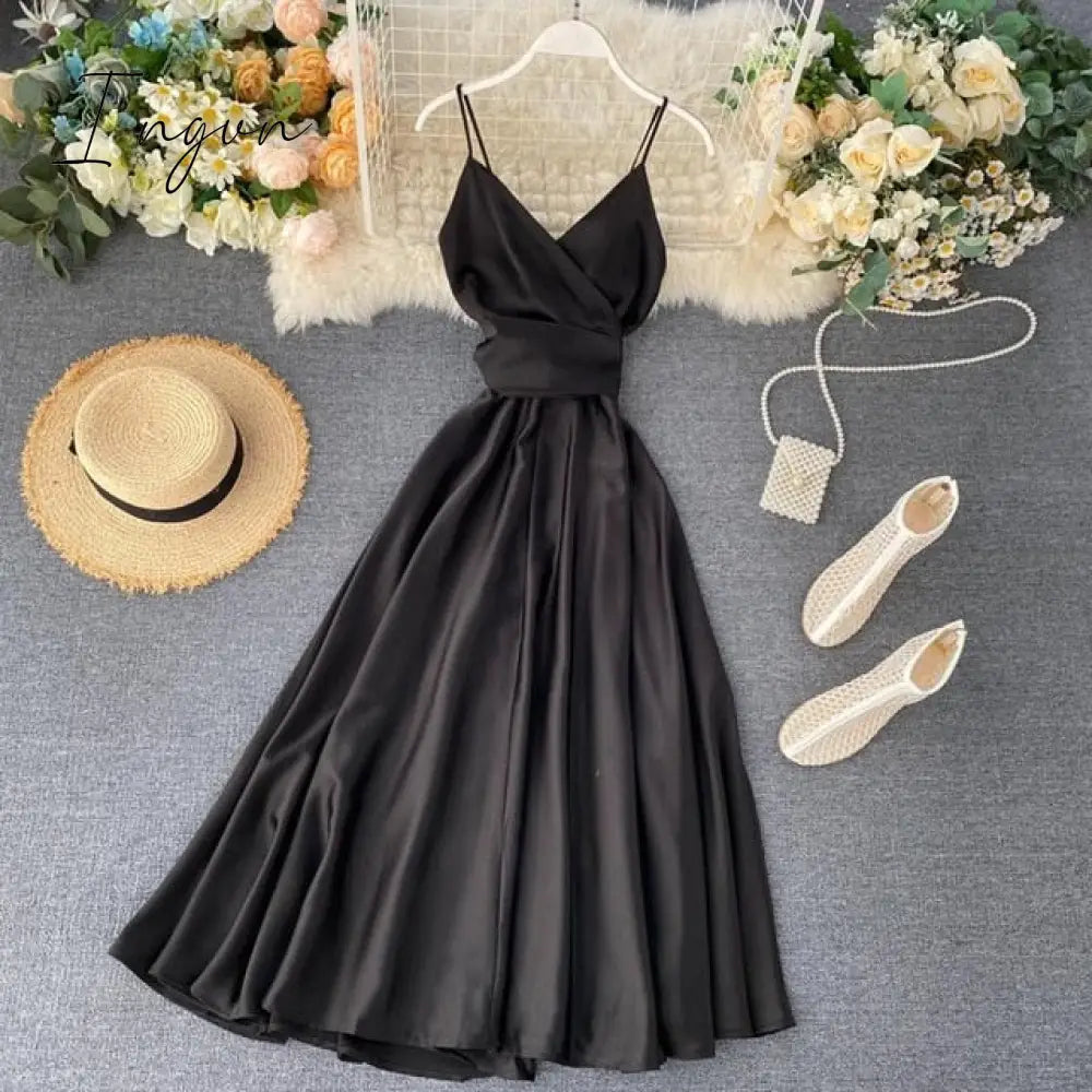 Ingvn - New Summer Women Sexy V Neck High Waist A-line Party Tank Sundress Elegant Bandage Bow Long Dress Vestidos Multicolour