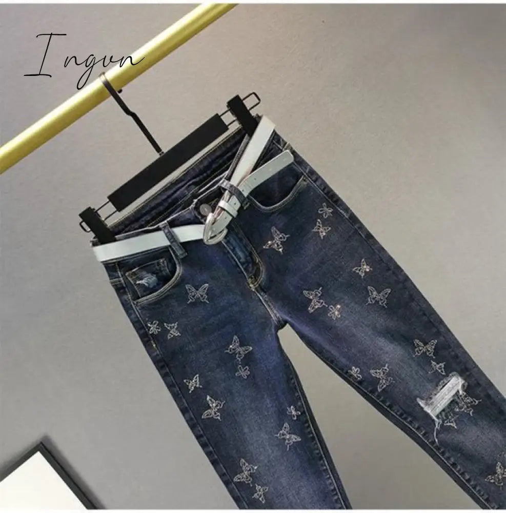 Ingvn - Hot Sales High Waist Jeans Women Beading Butterfly Fashion Ripped Jeans Casual Plus size Stretch Jeans Female Washed Denim Pencil Pants