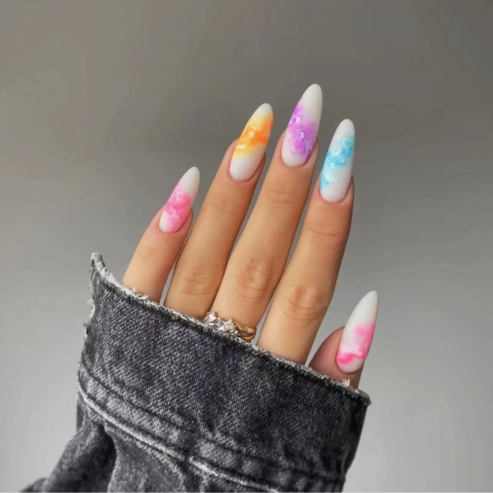 24pcs Long Almond False Nails French Pink Cloud Star Press on Nails Fake Nails DIY Manicure Detachable Gradient Flash Nail Tips