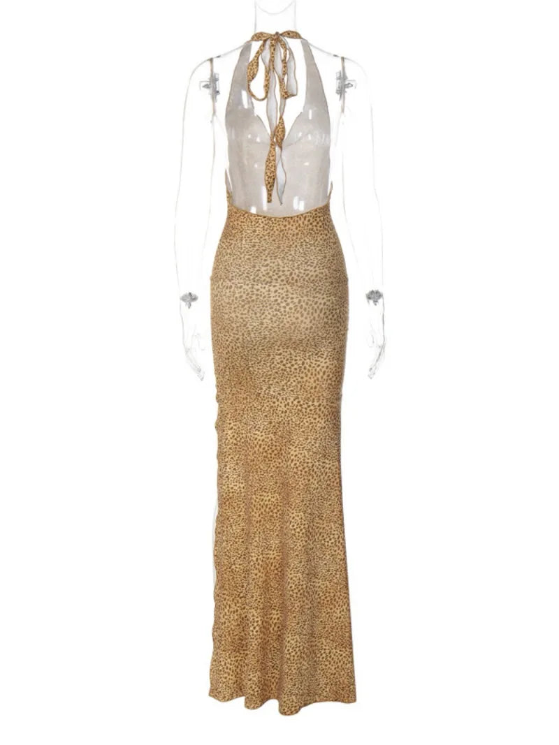 Ingvn  Women's Halter Neck Sleeveless Backless High Slit Beach Dress Female Leopard Printed Lace-up High Waist Slim Long Party Dresses