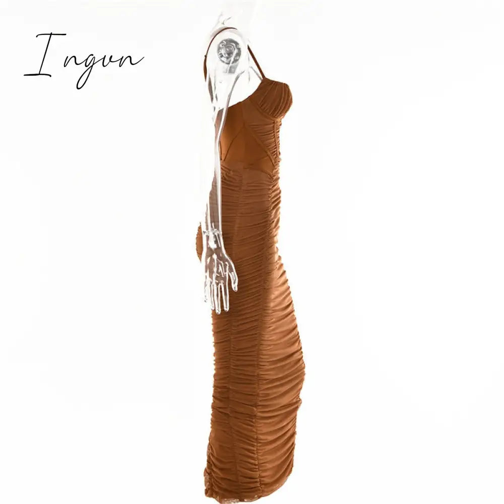 Ingvn - Summer Woman Dress Ruched Maxi Dress Bodycon Mesh Sexy Dress Stretchy Spaghetti Strap Dresses Elegant Long Evening Party Dresses
