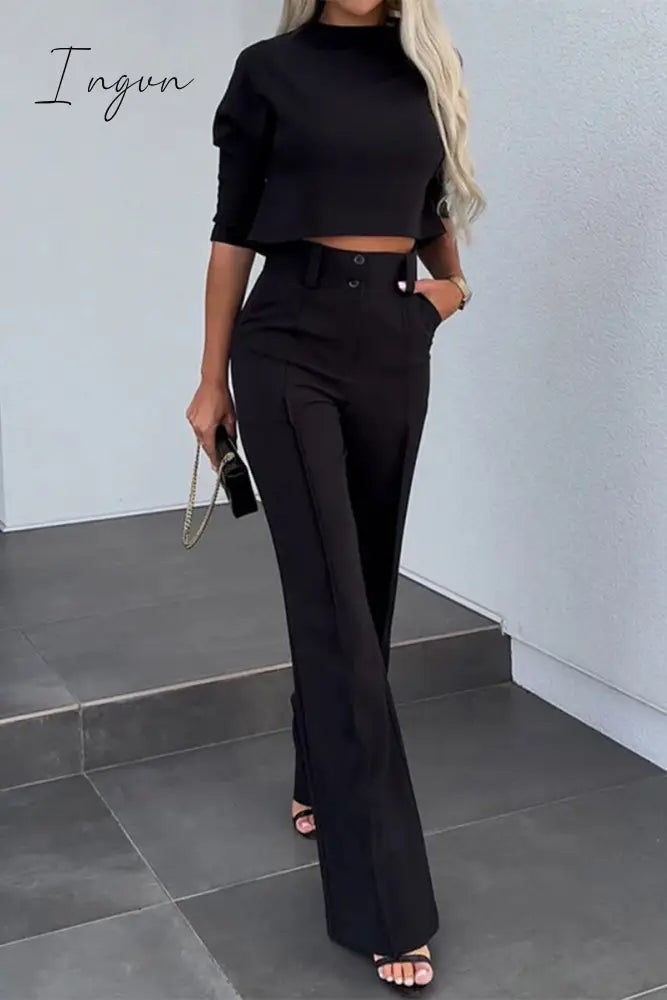 Ingvn - Casual Solid Pocket Half A Turtleneck Half Sleeve Two Pieces