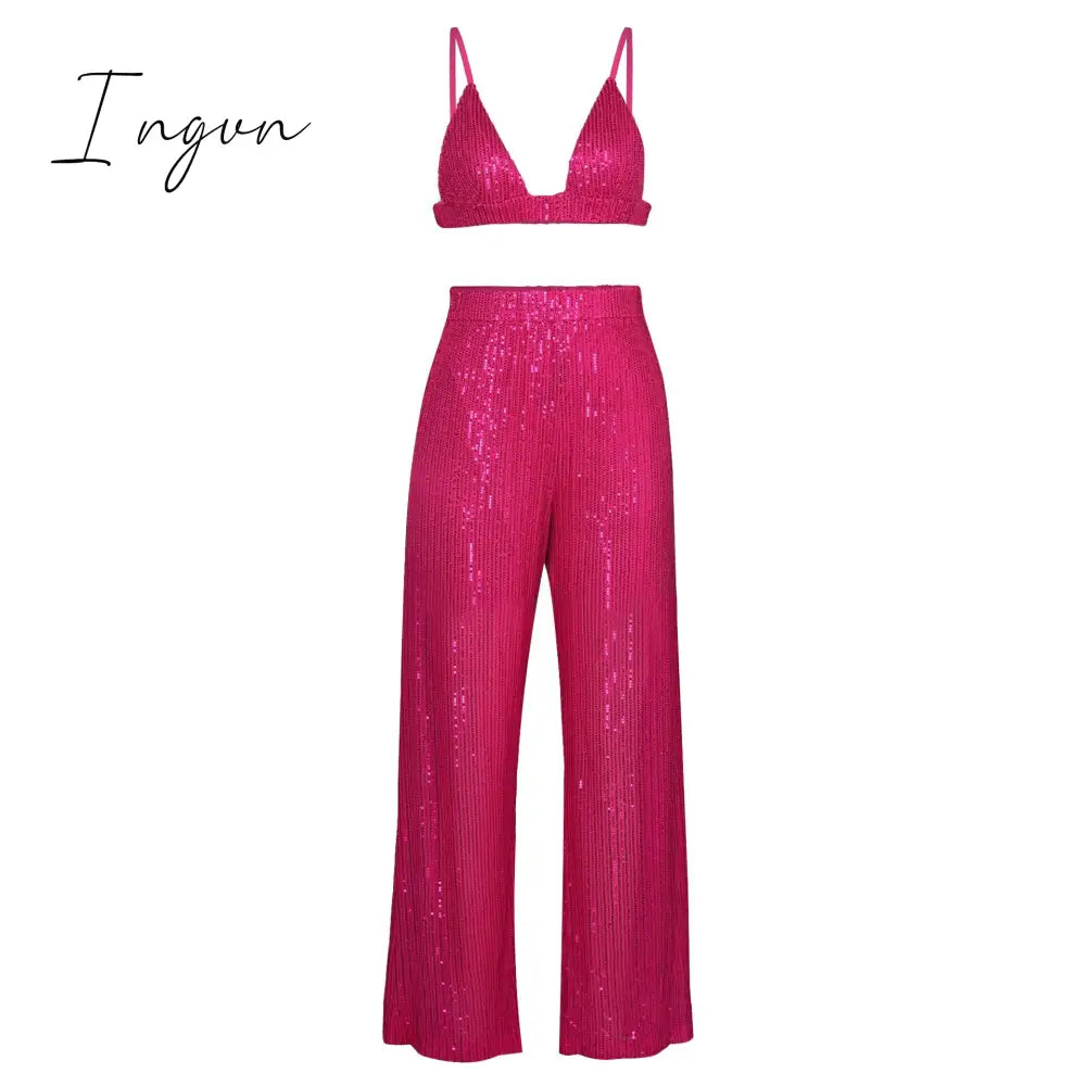 Ingvn - Sparkly Two-piece Set Party Outfits For Womens Sequin Top Blouse Shirt And Pants Suit Female Luxury Evening Tracksuit New