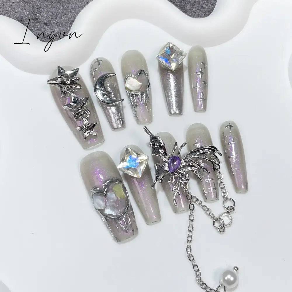 10Pcs Black Handmade Press On Nails Coffin Fake Nails Full Cover Gradient Metal Contrast Artificial Manicure Wearable Nail Tips