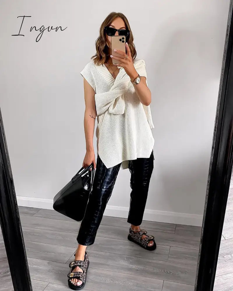 Ingvn - Women V Neck Sweater Vest Korean Preppy Style Solid Knitted Sleeveless Sweater Female Autumn Winter Casual Loose Pullover Jumper
