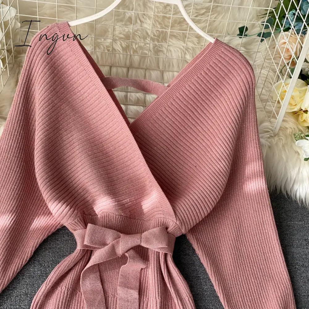 Ingvn - Women Shiny Knitted Dress Sexy V Neck Puff Sleeve Elastic Sheath Knitting Dress Autumn Solid Bow Sashes Pencil Dress