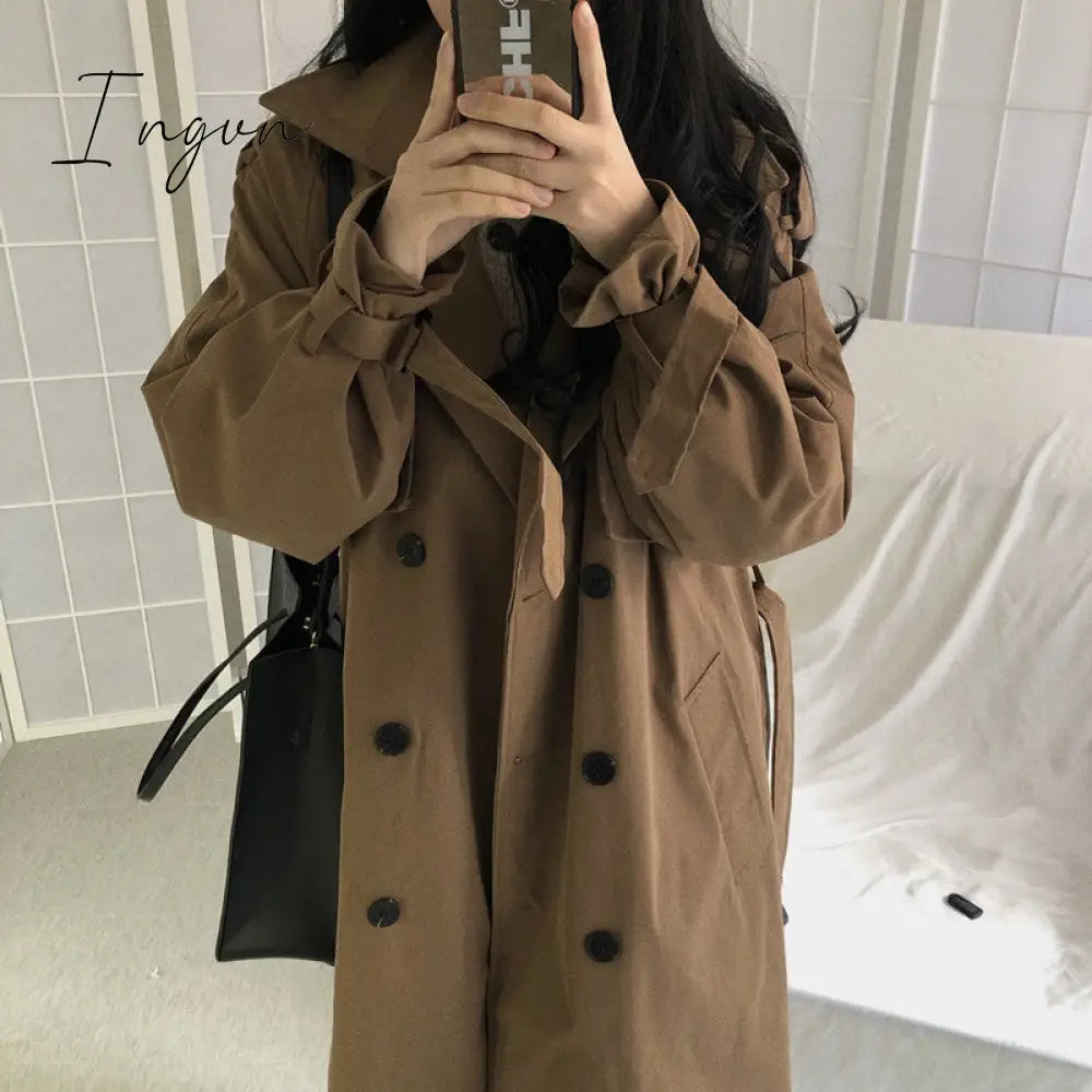 Ingvn - Chic Women Trench Coat Casual Women's Long Outerwear Loose Overcoat Autumn Winter Fashion Double-breasted Windbreaker Femme