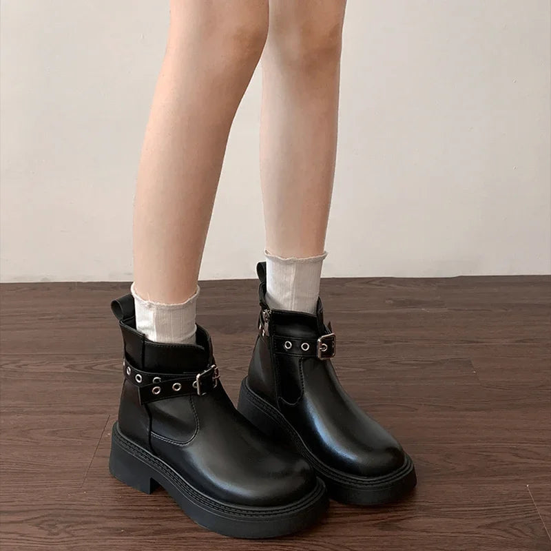 Ingvn  Thick Heel Women Ankle Boots Fashion Elegant Belt Buckle Shoes Spring Autumn Vintage Women's Morder Short Booties