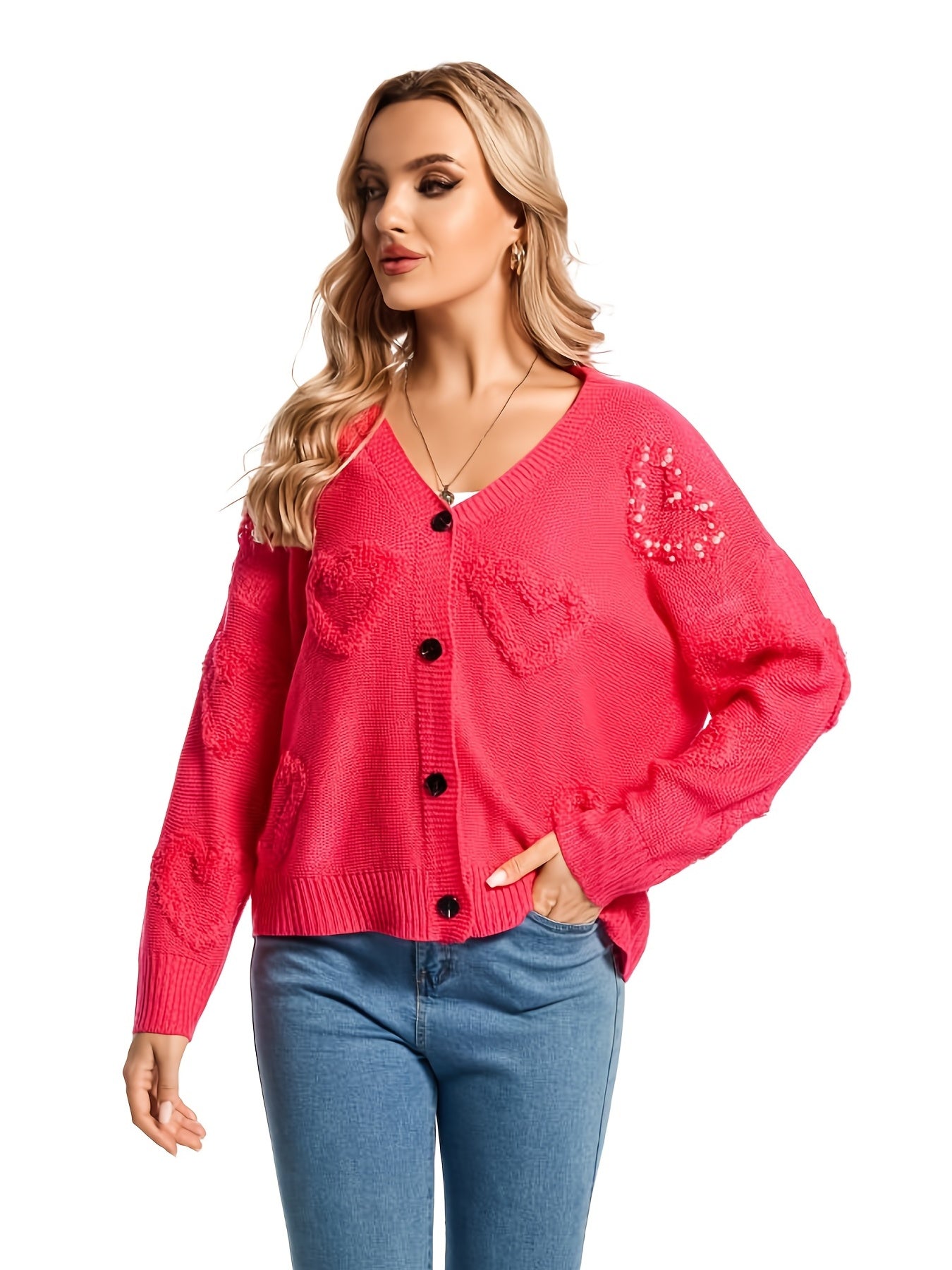 Beaded Heart Pattern Knit Cardigan, Casual Button Down Long Sleeve Sweater, Women's Clothing