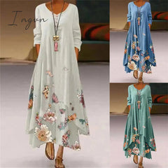 Ingvn - Summer Dress Plus Size Floral Print Irregular Hem Women Buttons Round Neck Dress Women's Clothing Sleeveless Beach Maxi Dresses